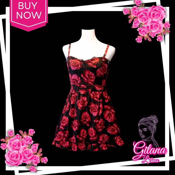 👑ROYAL BONES👑 Med BLACK RED BLOOD ROSES DRESS - Picture 2 of 5